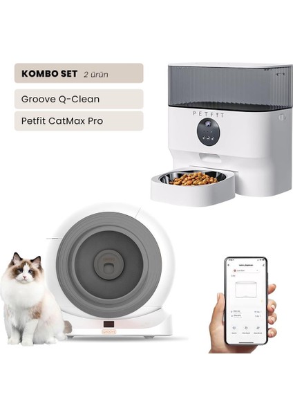 Groove Q-Clean Wi-Fi Akıllı Kedi Tuvaleti Gri + Petfit Catmax Pro 5l Wi-Fi Kameralı Akıllı Otomatik Mama Kabı Besleme Ünitesi Bundle