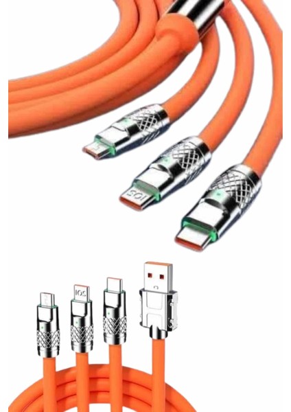 120W Silikon Metal Uçlu LED Işıklı 3 In1 Şarj Kablosu 1.2m