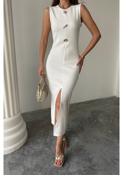 Kadın Ellie Siyah Ottoman Yırtmaçlı ve Düğme Detaylı Yazlık Elbise