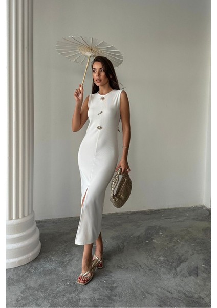 Kadın Ellie Siyah Ottoman Yırtmaçlı ve Düğme Detaylı Yazlık Elbise indirimleri