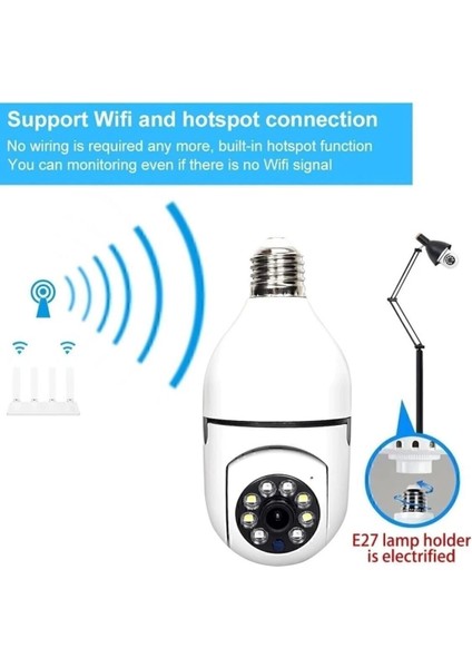 Gece Görüşlü 360 Derece 1080P Wifi Kamera - Kablosuz Panoramik Ev Güvenlik Ampul Kamerası