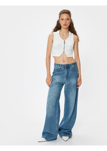 Yeni Sezon Crop Üst Polo Yaka Fermuar Detaylı Kolsuz Slim Fit fiyatları