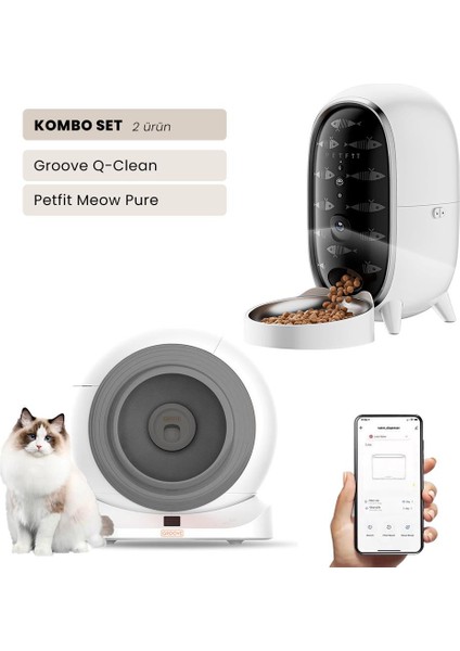 Groove Q-Clean Wi-Fi Akıllı Otomatik Kedi Tuvaleti Gri + Petfit Meow Pure 3l Wi-Fi Kameralı Akıllı Otomatik Mama Kabı Besleme Ünitesi Bundle