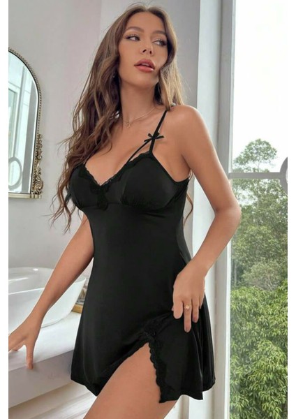 Şık ve Çekici Siyah Askılı Yırtmaçlı Mini Gecelik indirimleri