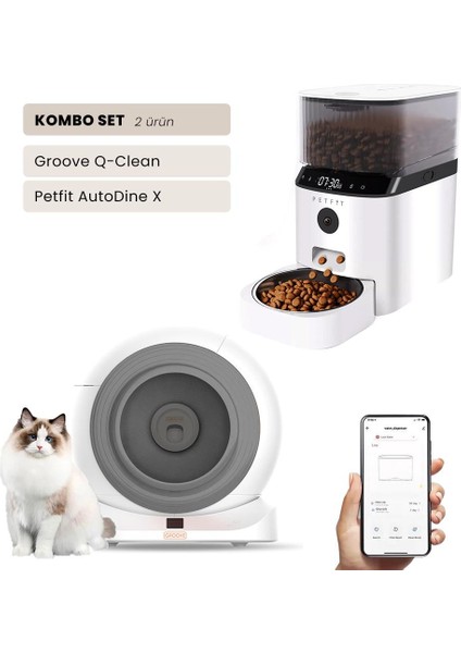 Groove Q-Clean Wi-Fi Akıllı Otomatik Kedi Tuvaleti Gri + Petfit Autodine x 5l Wi-Fi Kameralı Akıllı Otomatik Mama Kabı Besleme Ünitesi Bundle