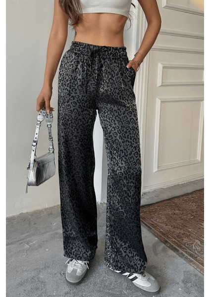 Kadın Leopar Desenli Yüksek Bel Saten Pantolon