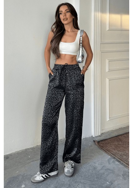 Kadın Leopar Desenli Yüksek Bel Saten Pantolon modelleri