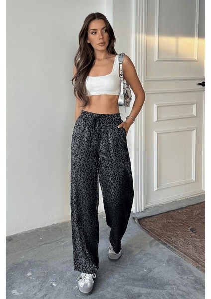 Kadın Leopar Desenli Yüksek Bel Saten Pantolon fırsatları