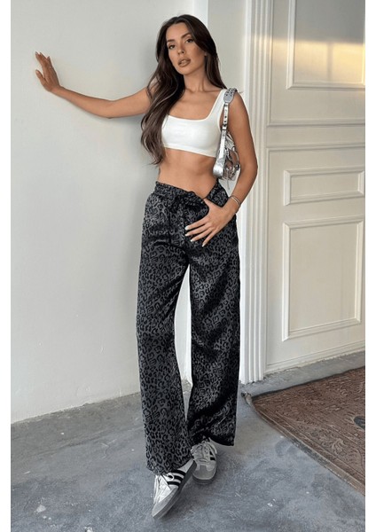 Kadın Leopar Desenli Yüksek Bel Saten Pantolon indirimleri