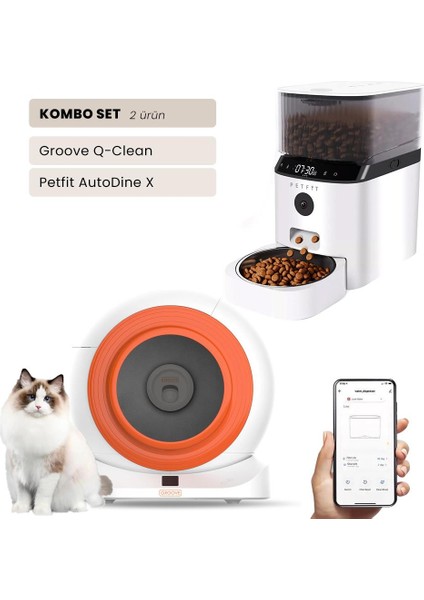 Groove Q-Clean Wi-Fi Akıllı Otomatik Kedi Tuvaleti Turuncu + Petfit Autodine x 5l Wi-Fi Kameralı Akıllı Otomatik Mama Kabı Besleme Ünitesi Bundle