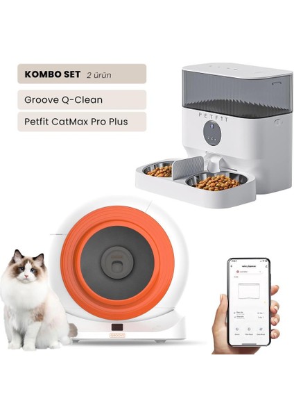 Groove Q-Clean Wi-Fi Akıllı Otomatik Kedi Tuvaleti Turuncu + Petfit Catmax Pro Plus 5l Wi-Fi Kameralı Akıllı Otomatik Mama Kabı Besleme Ünitesi Bundle