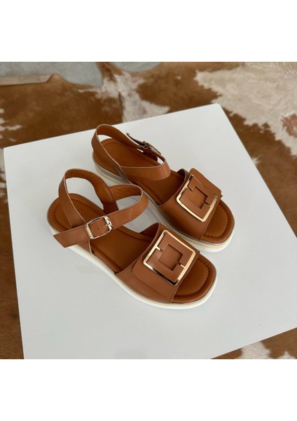 Hakiki Deri Gold Tokalı Sandalet