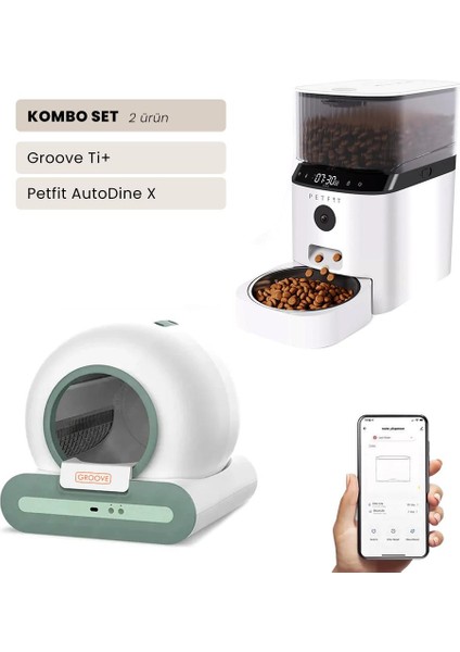 Groove Ti+ Wi-Fi Akıllı Otomatik Kedi Tuvaleti Yeşil + Petfit Autodine x 5l Wi-Fi Kameralı Akıllı Otomatik Mama Kabı Besleme Ünitesi Bundle
