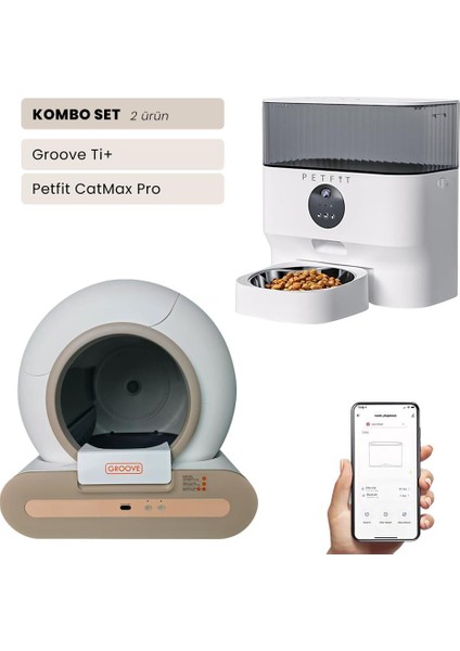 Groove Ti+ Wi-Fi Akıllı Otomatik Kedi Tuvaleti Kahverengi + Petfit Catmax Pro 5l Wi-Fi Kameralı Akıllı Otomatik Mama Kabı Besleme Ünitesi Bundle