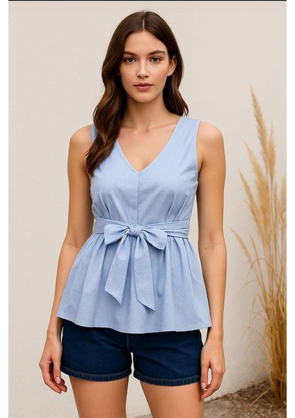 Mavi Bağlamalı Kolsuz Bluz