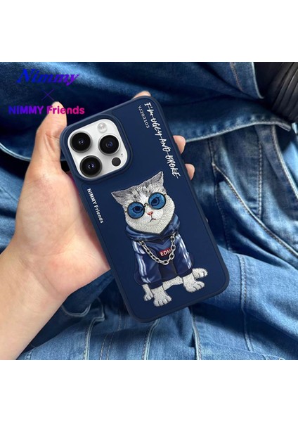 iPhone 15 Pro Max Uyumlu 3D Gözlük Zincir Handsome Kedi Nakış İşlemeli Kabartmalı Cool Glasses Kılıf