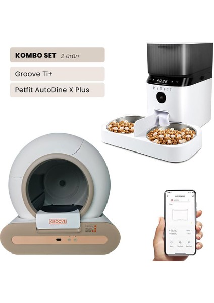 Groove Ti+Wi-Fi Akıllı Otomatik Kedi Tuvaleti Kahverengi + Petfit Autodine x Plus 5l Wi-Fi Kameralı Akıllı Otomatik Mama Kabı Besleme Ünitesi Bundle