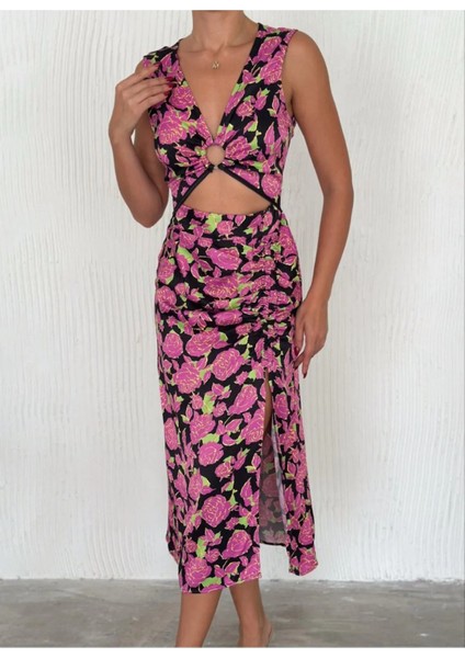 Kadın Ön Pencere Detaylı Çiçek Desenli Yırtmaçlı Tok Saten Elbise