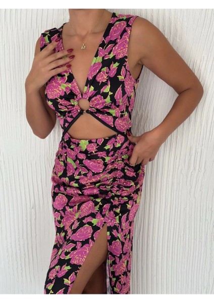 Kadın Ön Pencere Detaylı Çiçek Desenli Yırtmaçlı Tok Saten Elbise fiyatları