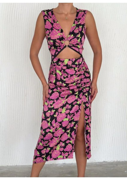 Kadın Ön Pencere Detaylı Çiçek Desenli Yırtmaçlı Tok Saten Elbise fırsatları