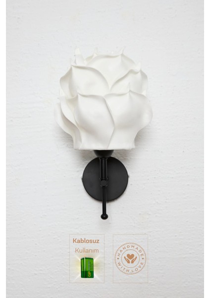 Beyaz Eva Gül Tasarım Kablosuz Pilli Duvar Aydınlatması Aplik - Alt Siyah