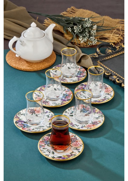 12 Parça Flore Gold 6 Kişilik Çay Bardağı Takımı 6 Lı Çay Seti
