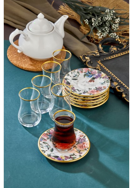 12 Parça Flore Gold 6 Kişilik Çay Bardağı Takımı 6 Lı Çay Seti