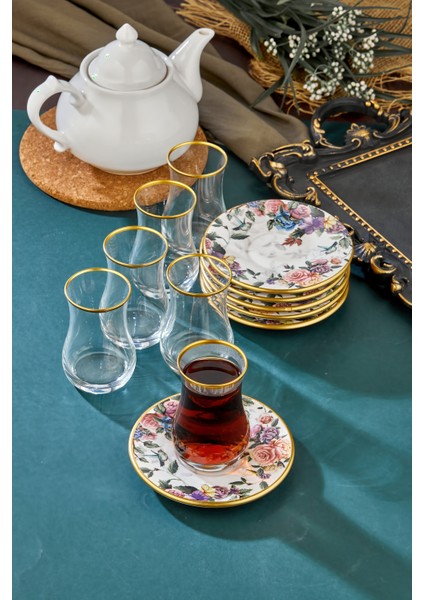 12 Parça Flore Gold 6 Kişilik Çay Bardağı Takımı 6 Lı Çay Seti