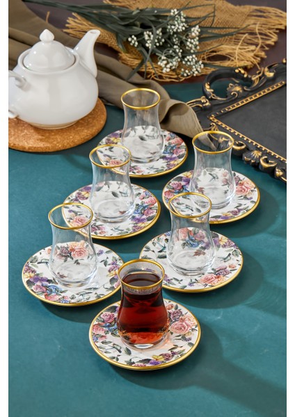 12 Parça Flore Gold 6 Kişilik Çay Bardağı Takımı 6 Lı Çay Seti