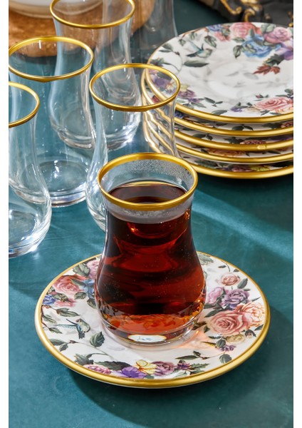12 Parça Flore Gold 6 Kişilik Çay Bardağı Takımı 6 Lı Çay Seti