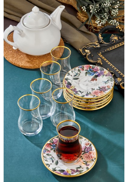 12 Parça Flore Gold 6 Kişilik Çay Bardağı Takımı 6 Lı Çay Seti