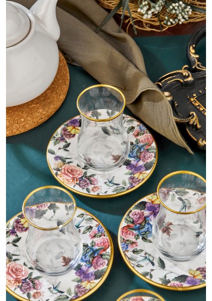 12 Parça Flore Gold 6 Kişilik Çay Bardağı Takımı 6 Lı Çay Seti