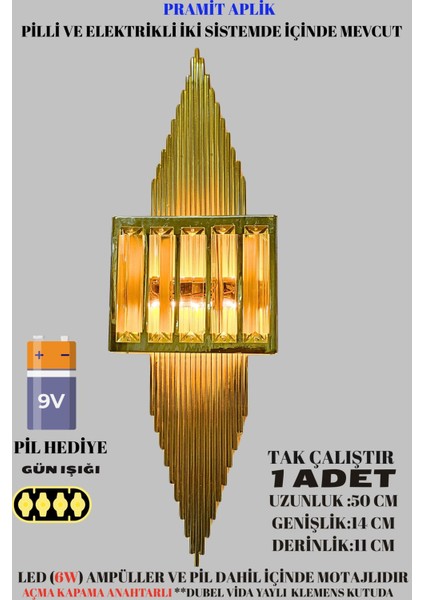 Pramit Gold Duvar Aplik Pilli ve Elektrikli Ledli Duvar Aplik, Tak Çalıştır, 1 Adet