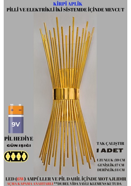 Kirpi Gold Duvar Aplik,pilli Aplik, LED Ampüllü Tekli Duvar Aplik Duvar Lambası