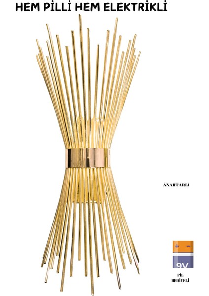 Kirpi Gold Duvar Aplik,pilli Aplik, LED Ampüllü Tekli Duvar Aplik Duvar Lambası
