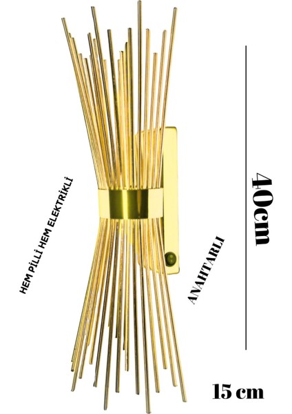 Kirpi Gold Duvar Aplik,pilli Aplik, LED Ampüllü Tekli Duvar Aplik Duvar Lambası