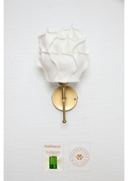 Dekor Eva Gül Üst Beyaz-Metal Eskitme Gold Ledli Duvar Aydınlatması Aplik