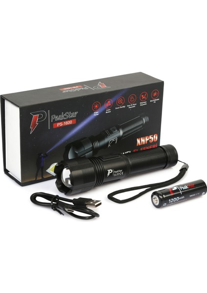 Peakstar PS- 1600 Süper Parlak LED Zoomlu 5 Mod Su Geçirmez Profesyonel Kamp Bekçi Avcı Feneri