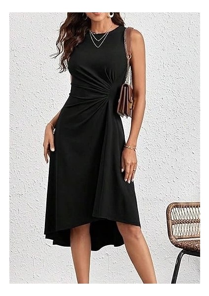 Kadın Sıfır Kollu Bisiklet Yaka Büzgülü Asimetrik Kesim Detaylı Janjan Krep Elbise