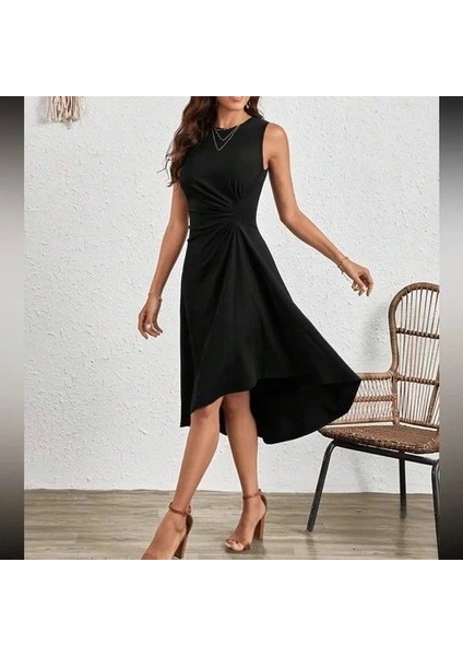 Kadın Sıfır Kollu Bisiklet Yaka Büzgülü Asimetrik Kesim Detaylı Janjan Krep Elbise fiyatları