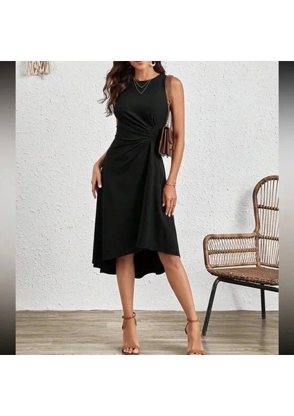 Kadın Sıfır Kollu Bisiklet Yaka Büzgülü Asimetrik Kesim Detaylı Janjan Krep Elbise modelleri