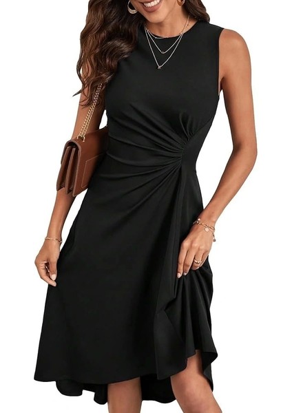 Kadın Sıfır Kollu Bisiklet Yaka Büzgülü Asimetrik Kesim Detaylı Janjan Krep Elbise fırsatları