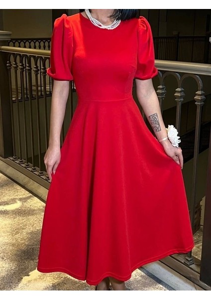 Kadın Bisiklet Yaka Kısa Kol Lastik Detay Uzun Elbise