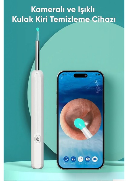 Kameralı, Led ışıklı, kablosuz, Wi-fi uyumlu kulak temizleme cihazı, 1080p görüntüleme