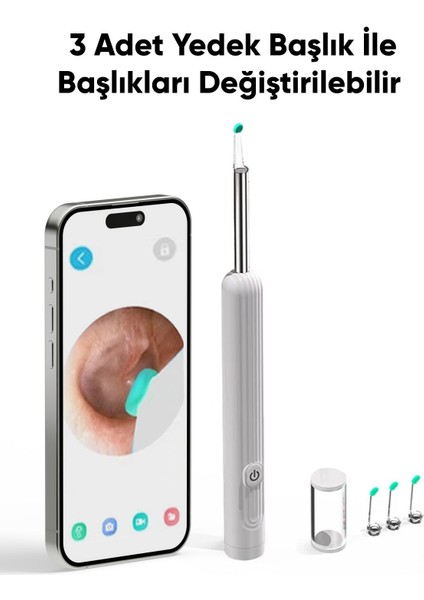 Kameralı, Led ışıklı, kablosuz, Wi-fi uyumlu kulak temizleme cihazı, 1080p görüntüleme