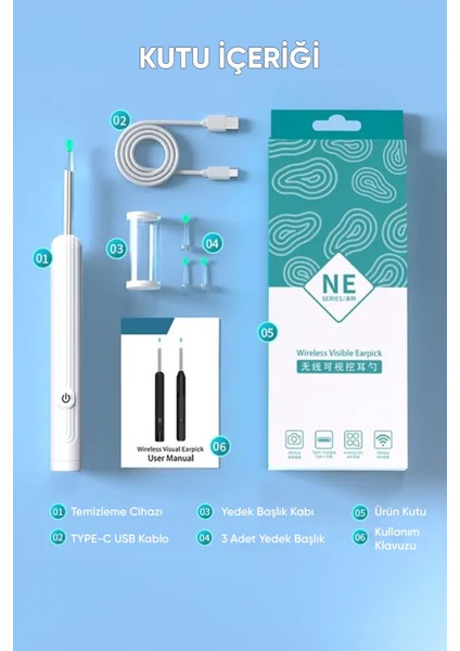 Kameralı, Led ışıklı, kablosuz, Wi-fi uyumlu kulak temizleme cihazı, 1080p görüntüleme