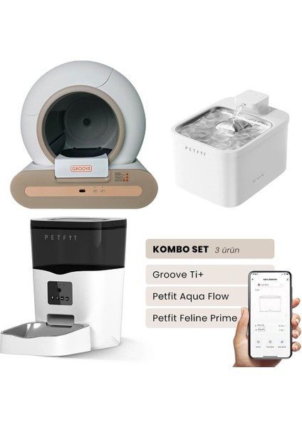 Groove Ti+ Wi-Fi Akıllı Kedi Tuvaleti Kahverengi - Petfit Aqua Flow Akıllı Su Pınarı + Petfit Feline Prime 3l Wi-Fi Kameralı Akıllı Otomatik Mama Kabı Besleme Ünitesi Bundle