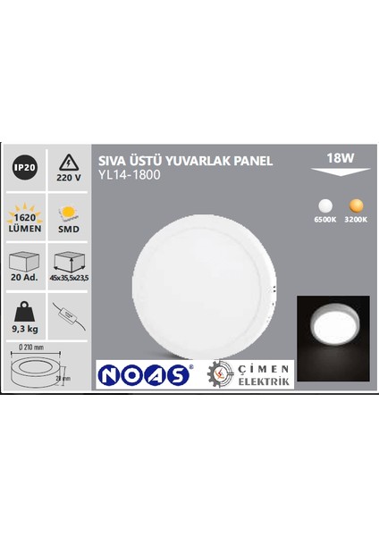 Noas YL14 1800 Sıva Üstü 18W LED Spot 6500K Beyaz
