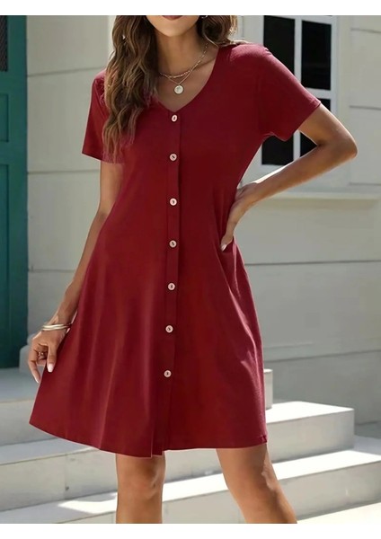 Kadın Kısa Kollu V Yaka Önü Düğmeli Viskon Elbise