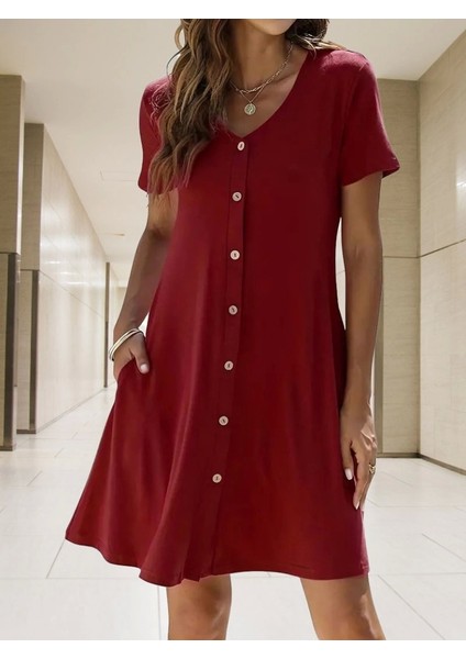 Kadın Kısa Kollu V Yaka Önü Düğmeli Viskon Elbise modelleri